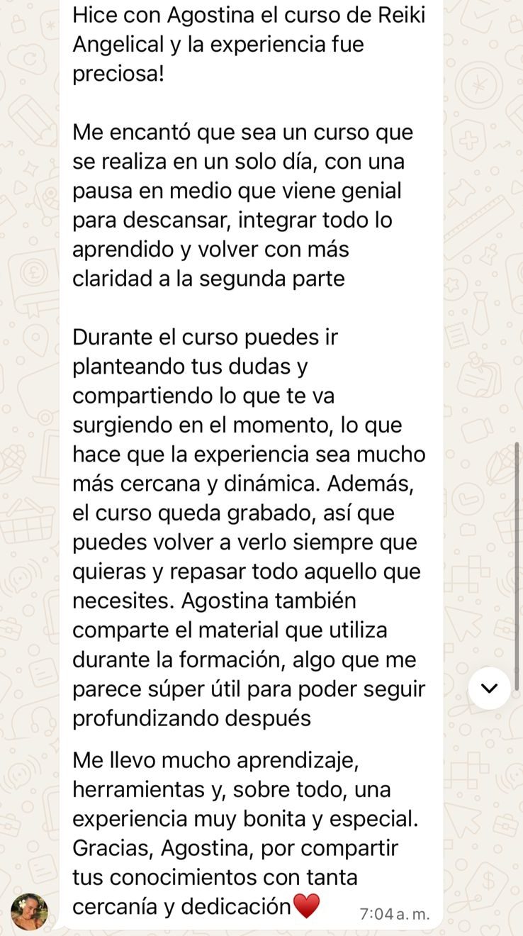 Mensaje de WhatsApp de Emma después de el Taller de Reiki Angelical con Agostina Borsatto