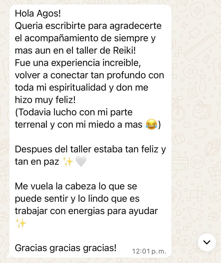 Mensaje de WhatsApp de Mica después de el Taller de Reiki Angelical con Agostina Borsatto