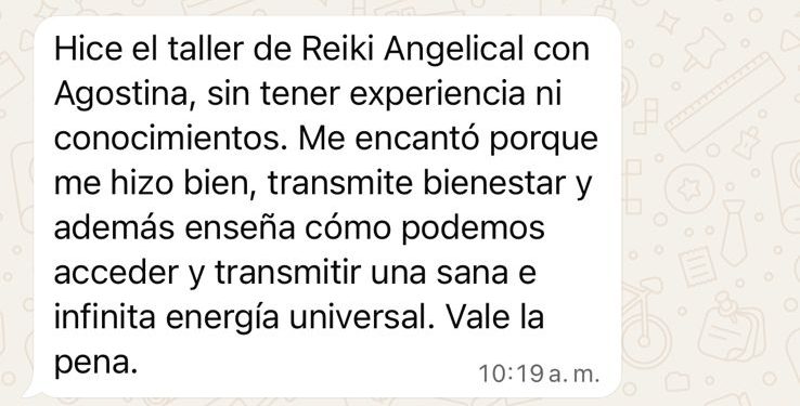 Mensaje de WhatsApp de Carlos despu&eacute;s del Taller de Reiki Angelical con Agostina Borsatto